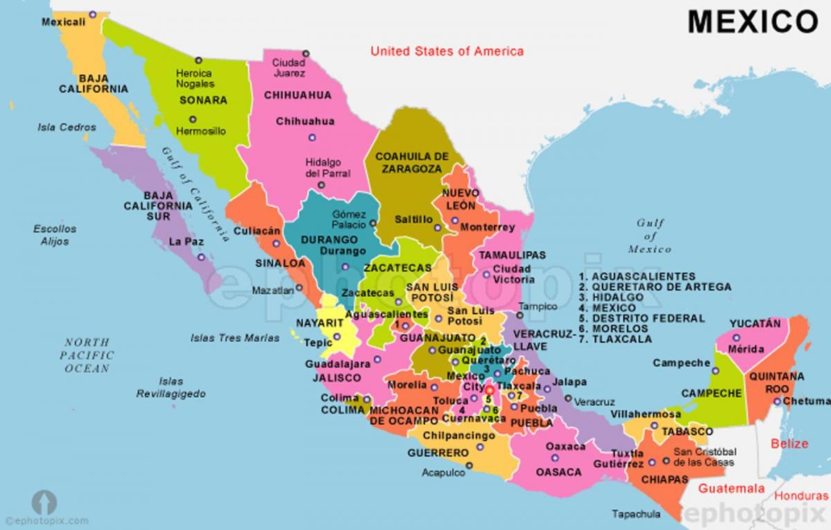 מקסיקו המפה עם מדינות ובירות